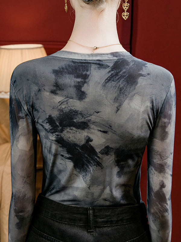 Manches Longues Grande Taille à empiècements Tie-Dyed Col Rond T-shirts