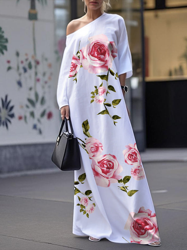 Robe longue ample asymétrique à manches trois-quarts, à imprimé floral, à poches, asymétrique à une épaule