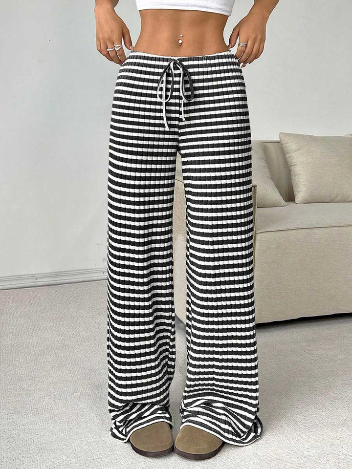 Pantalon rayé à taille élastique, taille haute, à cordon de serrage, à empiècements, couleur contrastée