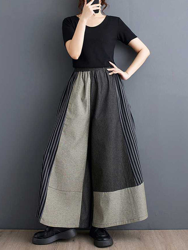 Pantalon ample rayé taille haute, à taille élastique, à poches, à empiècements