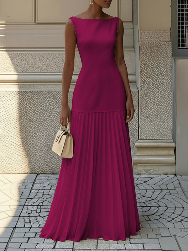 Robe de soirée longue plissée sans manches, en gaze, à empiècements, à col bateau, couleur unie