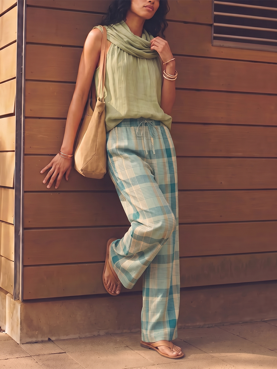 Pantalon ample à poches, à carreaux, à jambes larges, couleur contrastée
