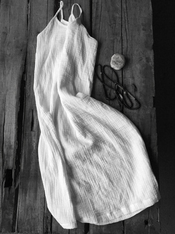 Robe courte ample vintage, à fines bretelles, sans manches, couleur unie