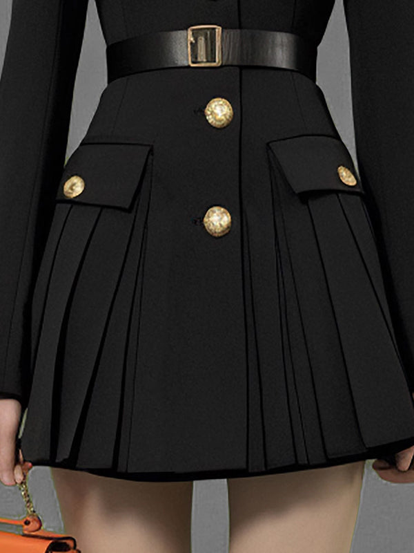 Robe chemise boutonnée plissée à taille élastique, à manches longues, avec ceinture, à boutonnage simple, à col revers, couleur contrastée