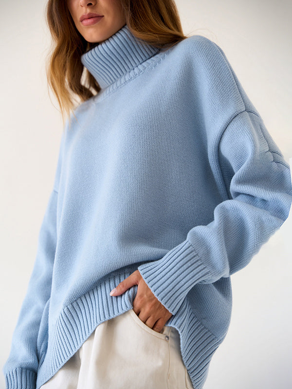 Pull en maille ample à manches longues, à col haut, couleur unie