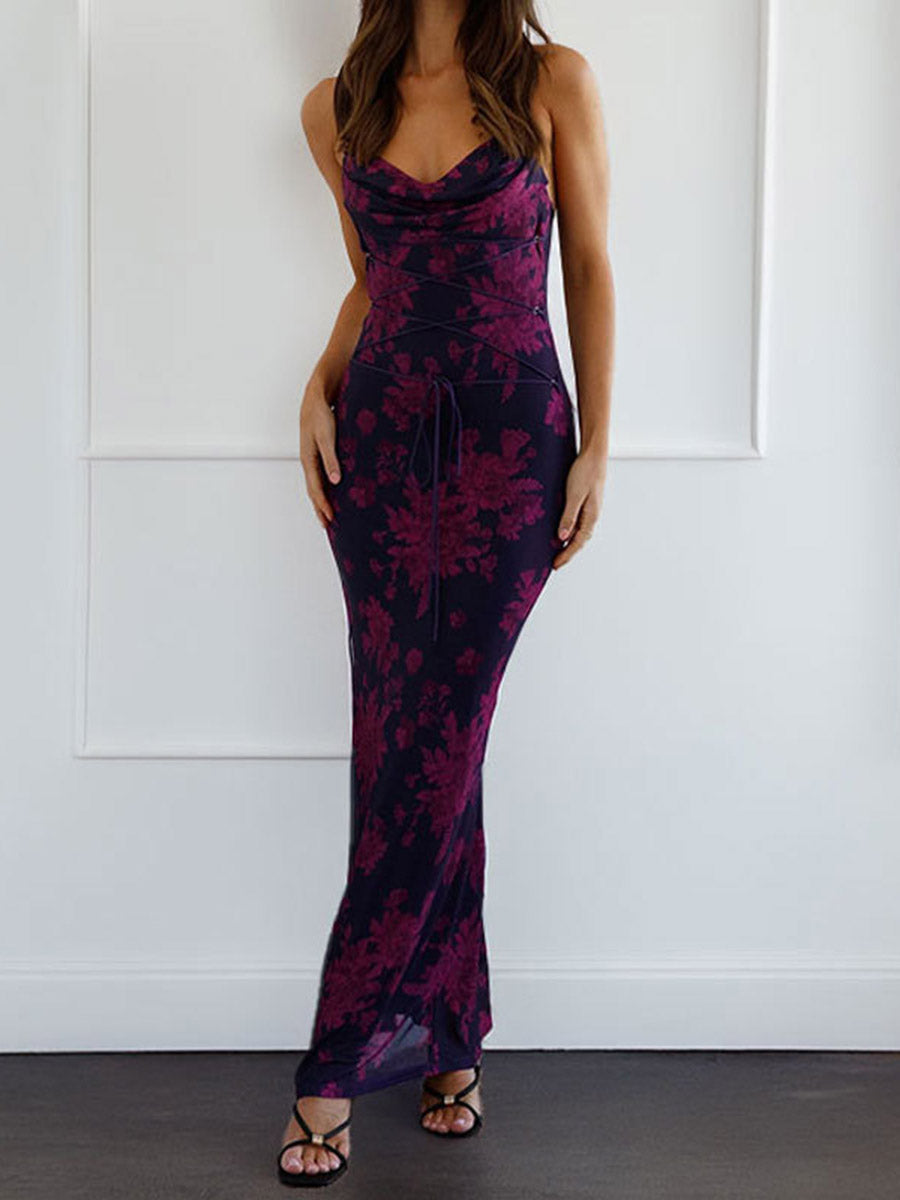 Robe longue moulante nouée taille haute, à imprimé floral, à empiècements, à fines bretelles, couleur contrastée