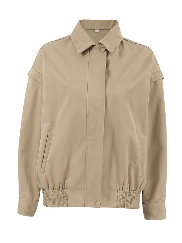 Veste ample boutonnée à manches longues, à taille élastique, à fermeture éclair, à col revers, couleur unie