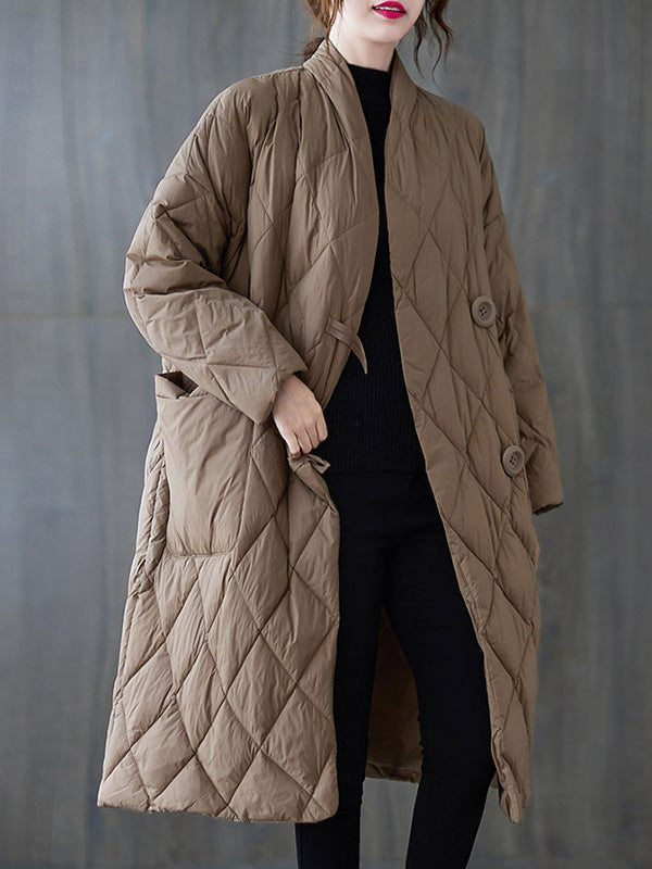 Manteau artistique boutonné matelassé vintage, rétro, à col montant, à manches longues, couleur unie