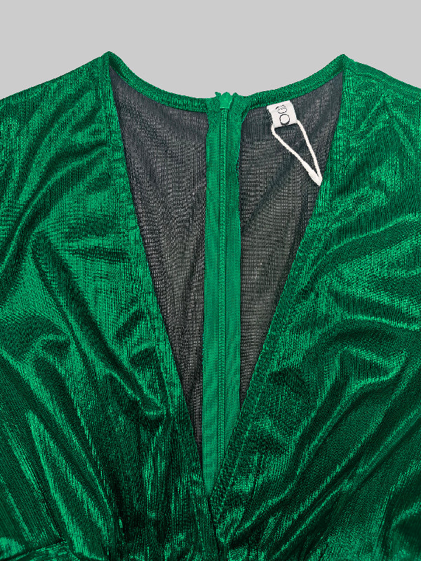 Bas brillant taille haute, à manches trois-quarts, à décolleté en V profond, couleur unie