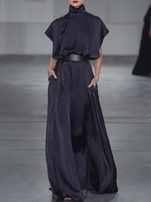 Robe longue ample à manches raglan, à empiècements, à taille nouée, à col haut, couleur unie