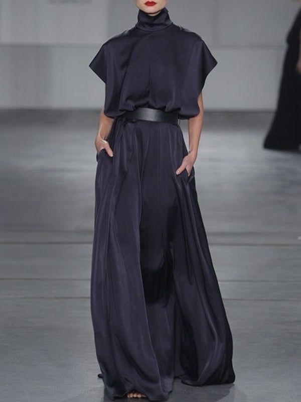 Robe longue ample à manches raglan, à empiècements, à taille nouée, à col haut, couleur unie