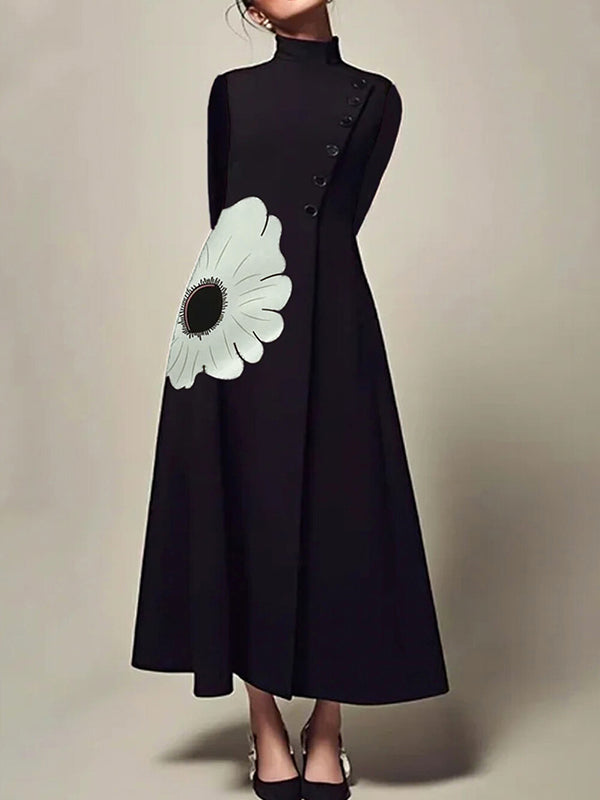Robe mi-longue coupe trapèze, à manches longues, à imprimé floral, à col haut
