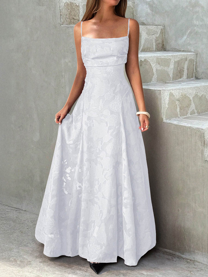 Robe longue plissée coupe trapèze, taille haute, en jacquard, à fines bretelles, couleur unie