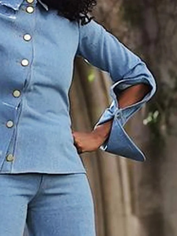 Pantalon ensemble deux pièces asymétrique boutonné ajouré à manches longues, à col revers