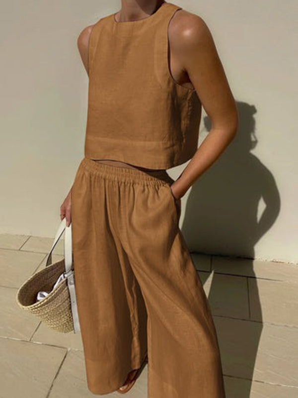 Ensemble deux pièces gilet sans manches à col rond de couleur unie + pantalon élastique à jambes larges