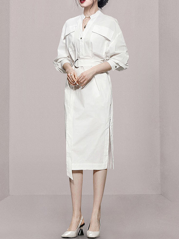Robe chemise ample transparente fendue sur le côté à manches longues, à empiècements, à taille nouée, à col en V