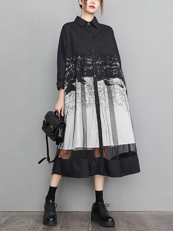 Robe mi-longue boutonnée imprimée coupe trapèze, à manches longues, en gaze, à empiècements, à col revers