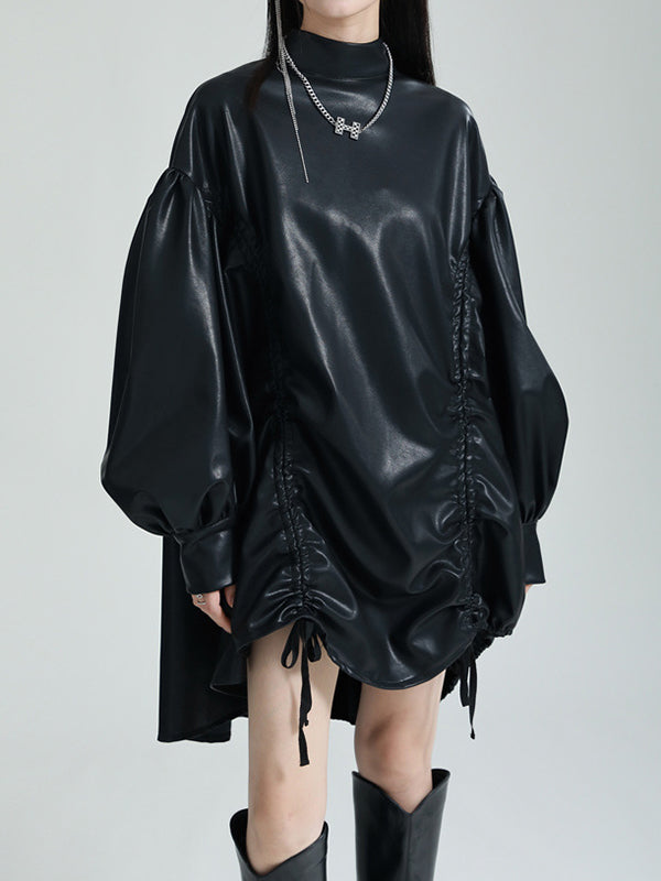 Robe courte plissée à ourlet plongeant, à manches longues, à cordon de serrage, à col montant, couleur unie