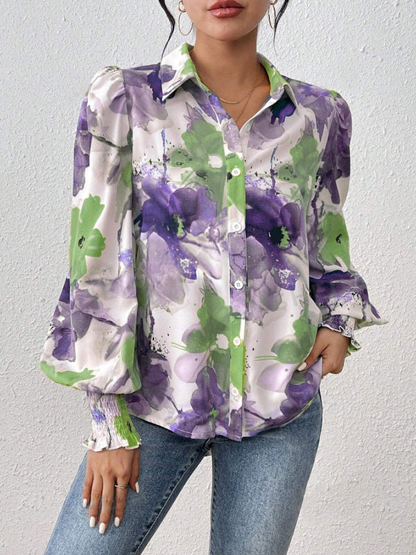 Chemisier ample boutonné plissé à manches longues, à taille élastique, à imprimé floral, à col revers