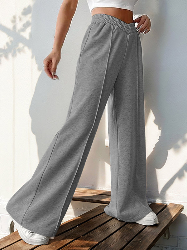 Pantalon ample taille haute, à taille élastique, couleur unie