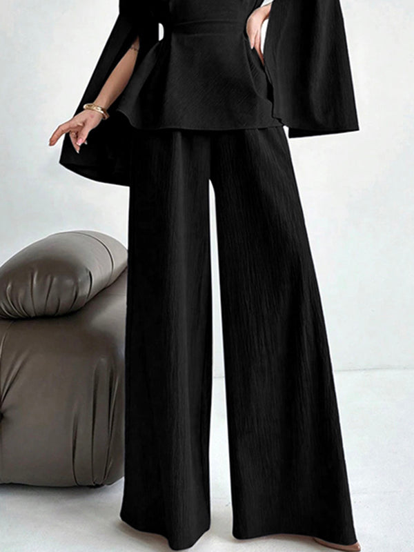 Pantalon ample taille haute, à empiècements, couleur unie