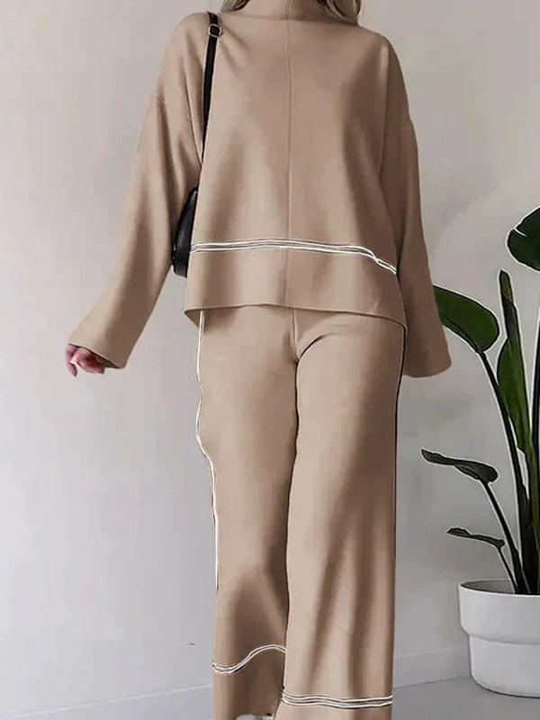 Ensemble deux pièces fendu sur le côté à ourlet plongeant, à col rond, taille haute, couleur contrastée – pull + haut + pantalon