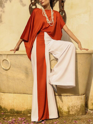 Ensemble deux pièces à manches chauve-souris, à manches mi-longues, à jambes larges, couleur unie, couleur contrastée – haut + pantalon