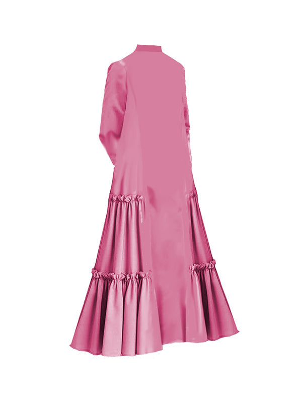 Robe longue boutonnée superposée plissée volantée coupe trapèze, à manches longues, à poches, à empiècements, à col montant, couleur unie