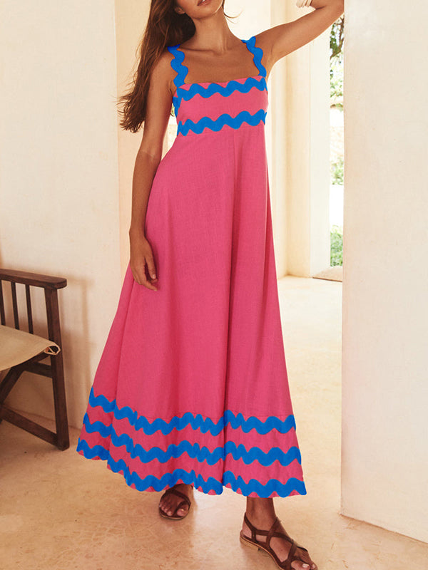 Robe mi-longue coupe trapèze, taille haute, à fermeture éclair, à col carré, couleur contrastée