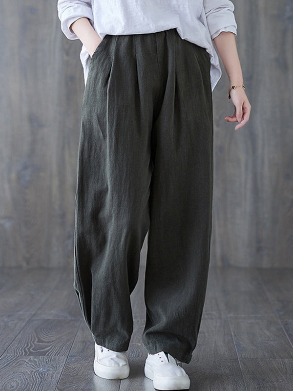 Pantalon simple ample décontracté à jambes larges, à taille élastique, couleur unie