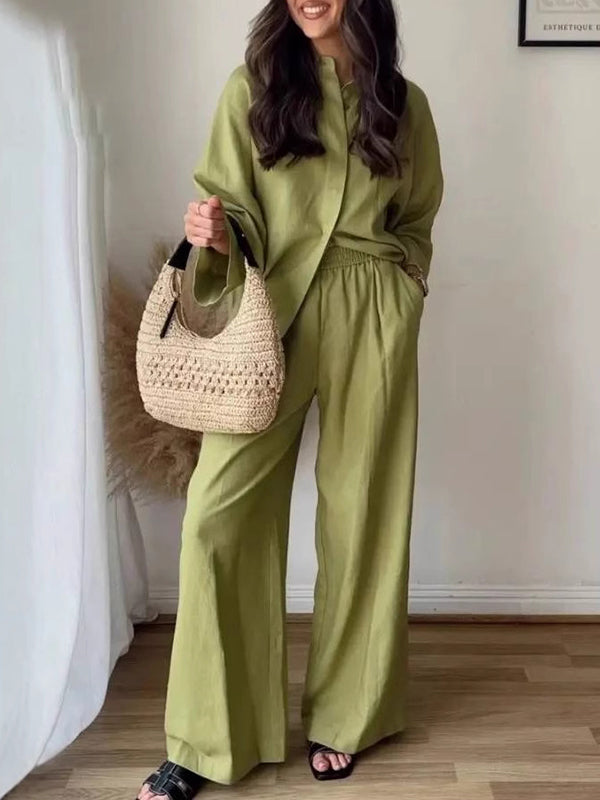 Ensemble deux pièces ample fendu sur le côté plissé à empiècements, à col revers, à taille élastique, couleur unie – chemisier + pantalon