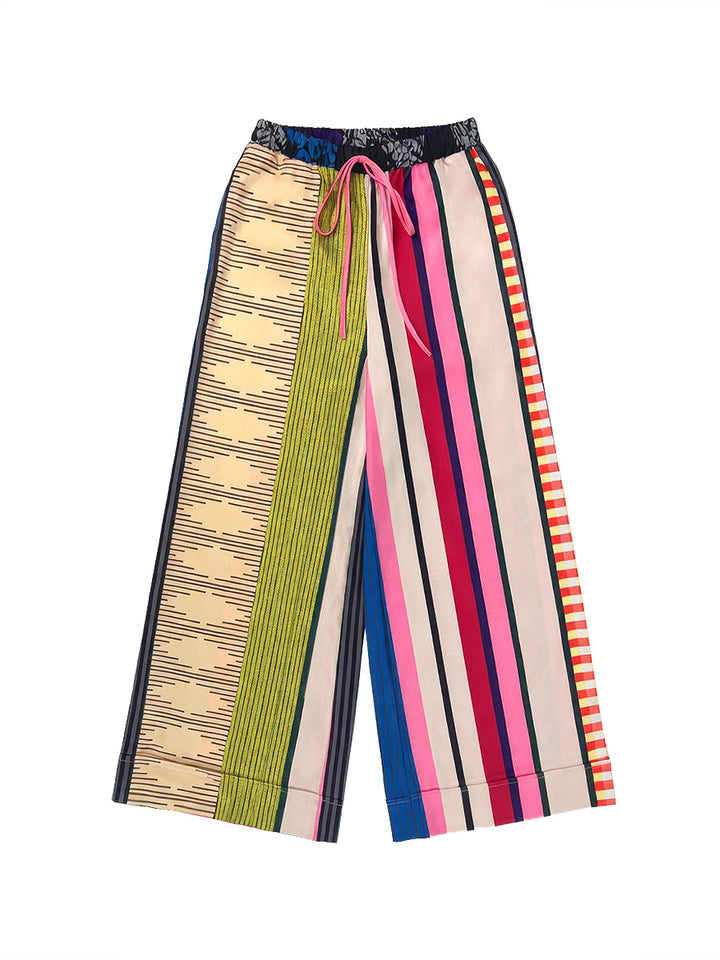 Pantalon ample imprimé rayé décontracté à jambes larges, à cordon de serrage, couleur contrastée