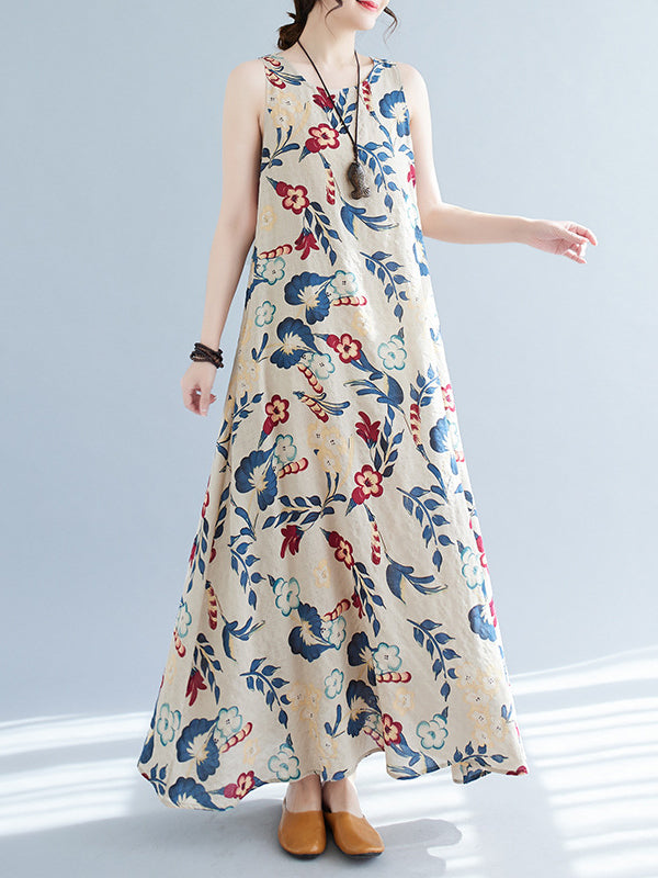 Robe longue ample sans manches, à imprimé floral, à col rond