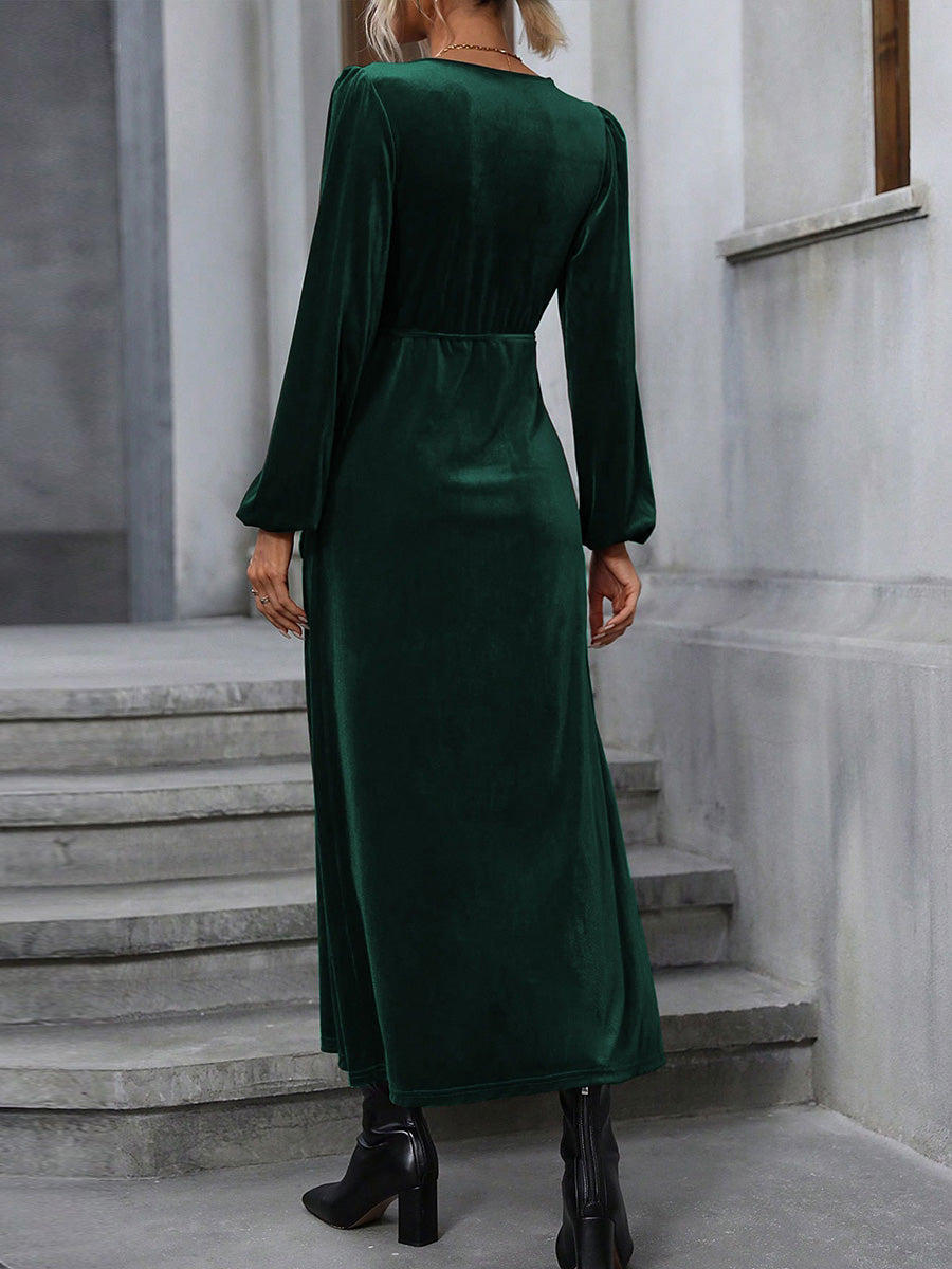 Robe longue fendue sur le côté taille haute, à manches longues, à taille nouée, en velours, à décolleté en V profond, couleur unie
