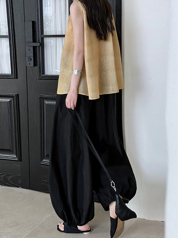 Pantalon taille haute, à taille élastique, à empiècements, couleur unie