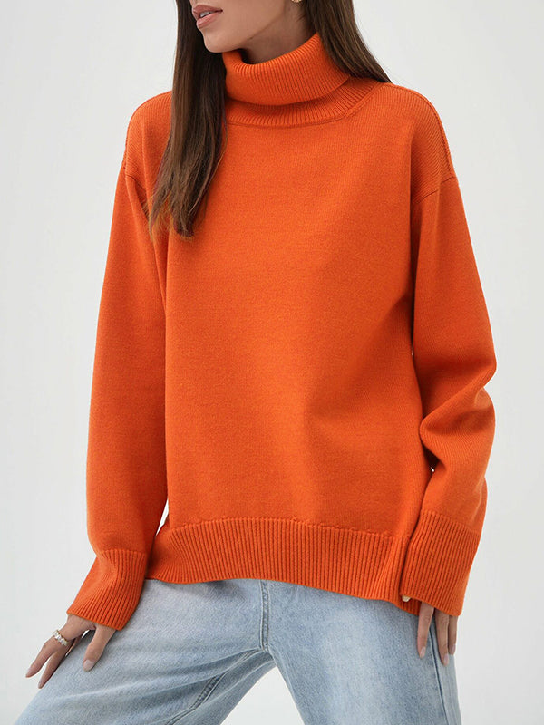 Pull en maille ample à manches longues, à col haut, couleur unie