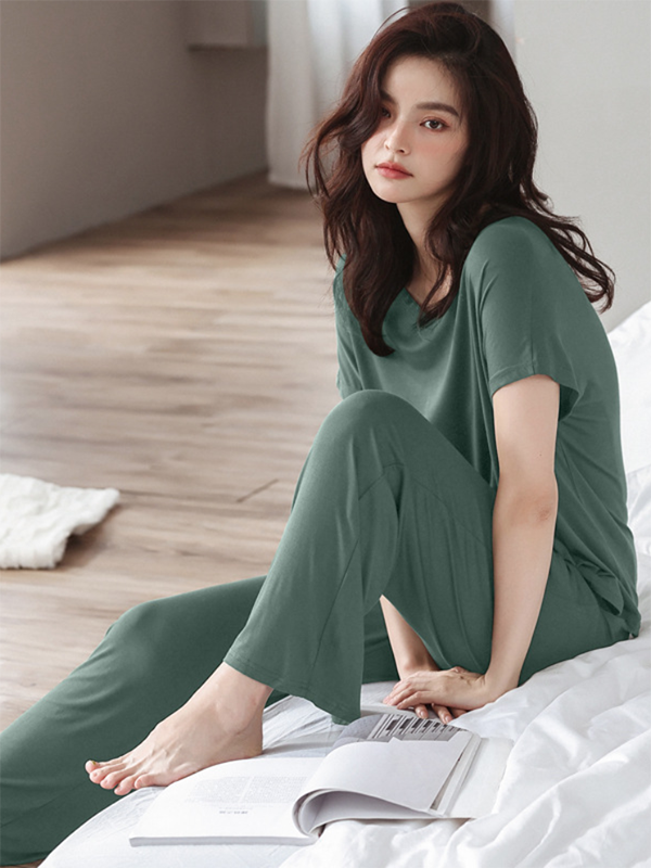 T-shirt décontracté à manches courtes, col en V, couleur unie – Ensemble pantalon et pyjama Rawstring