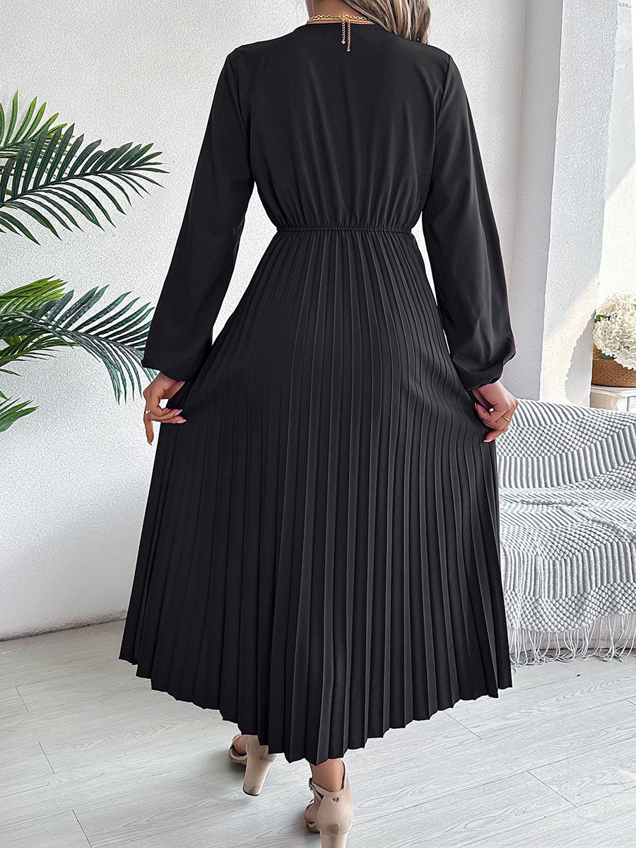 Robe longue plissée coupe trapèze, taille haute, à taille élastique, à col en V, couleur unie