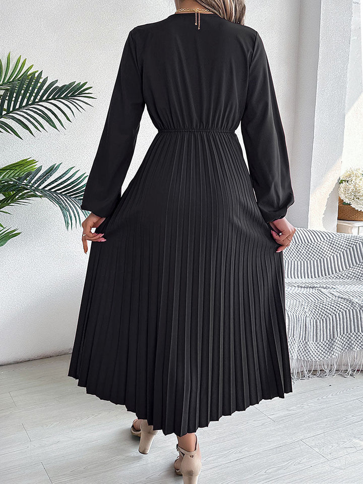 Robe longue plissée coupe trapèze, taille haute, à taille élastique, à col en V, couleur unie