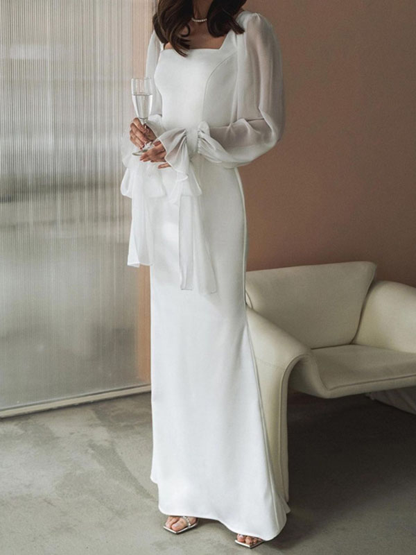 Robe longue plissée transparente à manches évasées, coupe près du corps, en gaze, à empiècements, à col carré, couleur unie