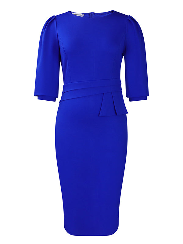 Robe mi-longue moulante plissée fendue dans le dos à manches mi-longues, à empiècements, à fermeture éclair, à col rond, couleur unie