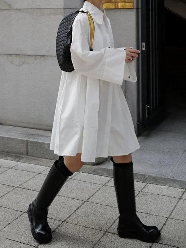 Robe chemise boutonnée plissée à manches longues, à col revers, couleur unie