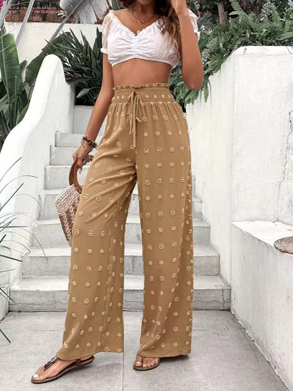 Pantalon ample taille haute, à cordon de serrage, à taille élastique, en jacquard, couleur unie