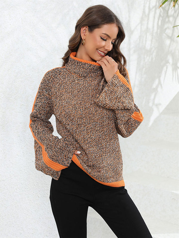 Pull décontracté à manches longues, ample, couleur contrastée, demi-col roulé