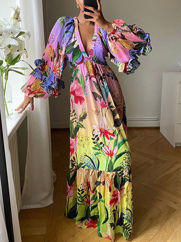 Robe longue plissée volantée à manches bouffantes, taille haute, à imprimé floral, à empiècements, à décolleté en V profond