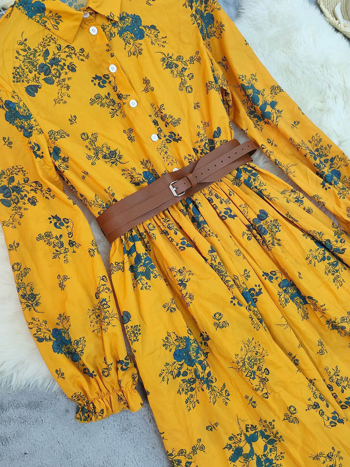 Robe chemise boutonnée plissée coupe trapèze, à taille élastique, avec ceinture, à imprimé floral, à empiècements, à col revers, couleur contrastée