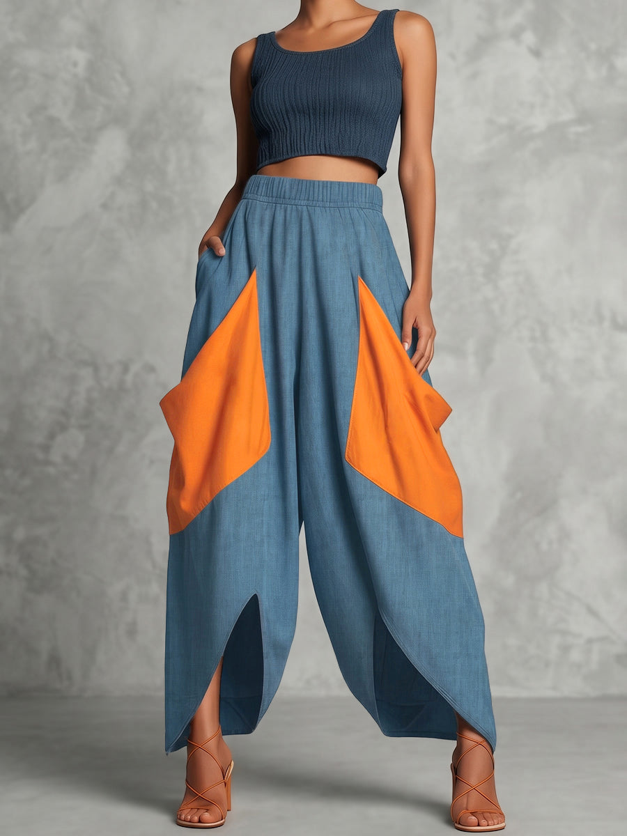 Pantalon ample taille haute, à taille élastique, à poches, à empiècements, couleur contrastée