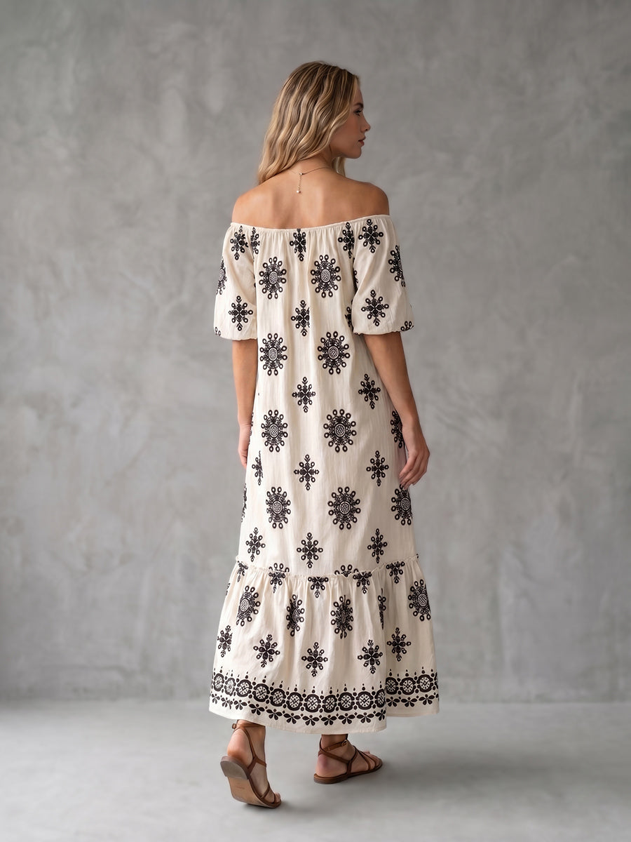 Robe longue plissée imprimée coupe trapèze, à manches mi-longues, à taille élastique, à bordure volantée, à empiècements, à épaules dénudées