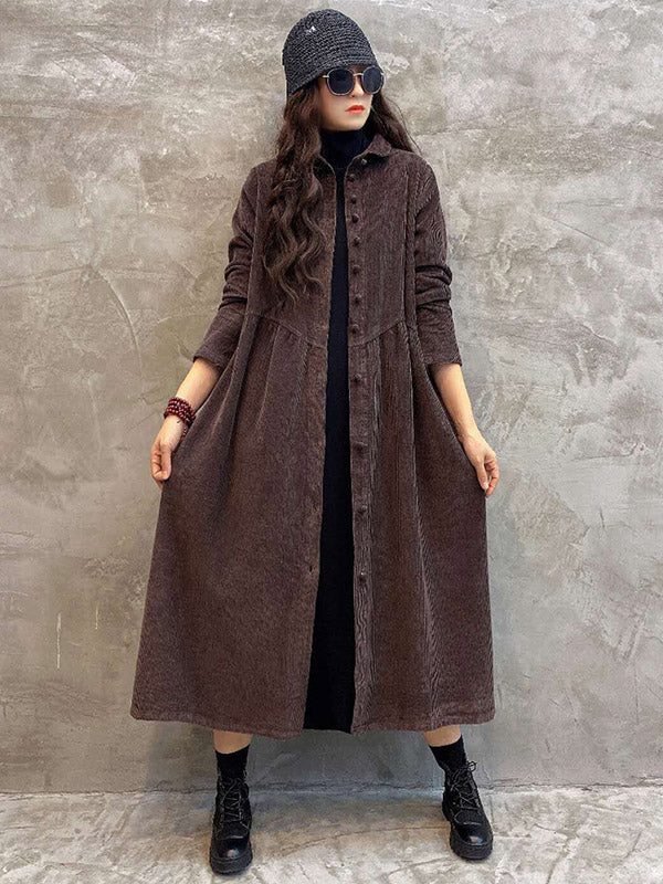 Robe Originale à Revers en Velours Côtelé Uni