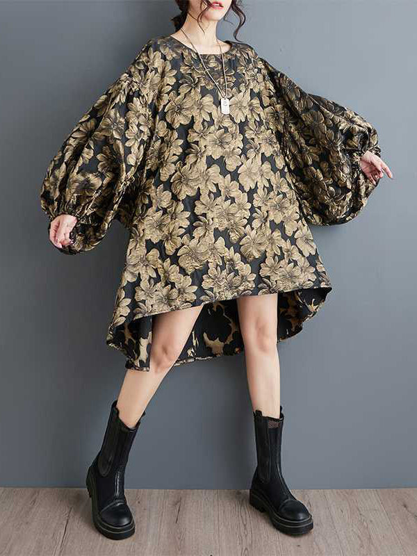 Robe mi-longue coupe trapèze, à ourlet plongeant, à taille élastique, à imprimé floral, en jacquard, à col rond
